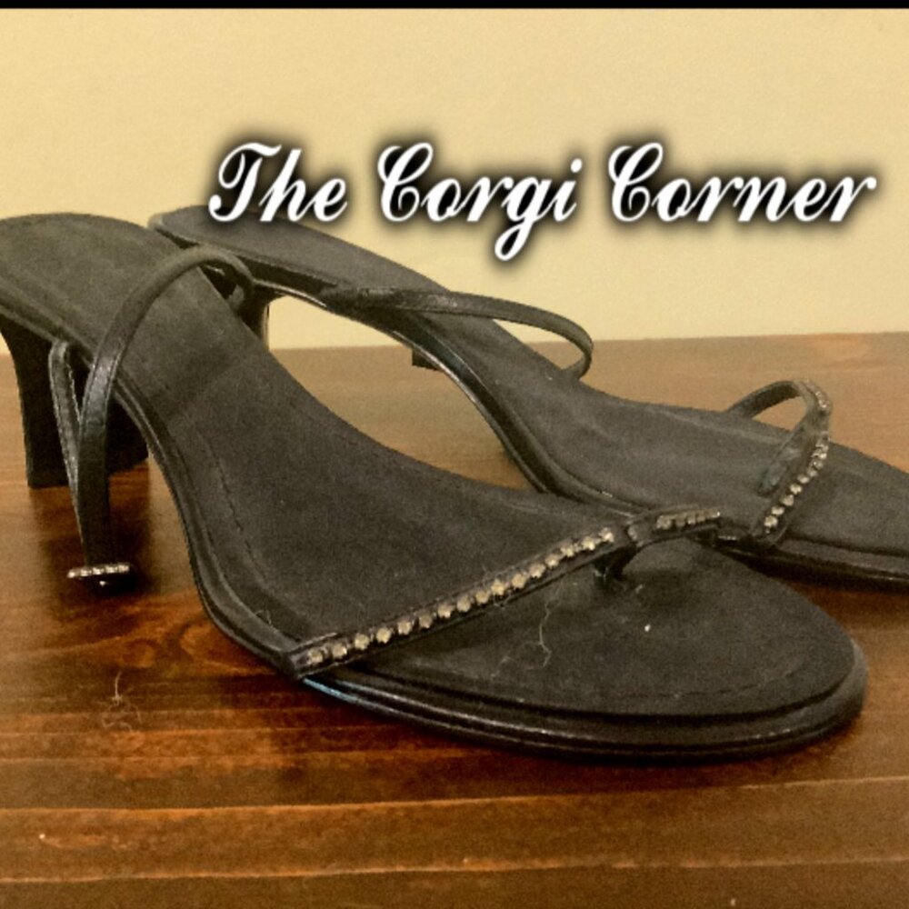 Nine West Black Rhinestone Thong Ankle Strap Stiletto Heels Sandals